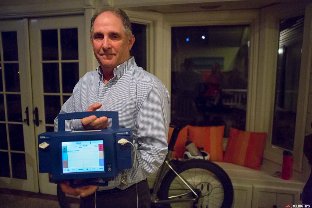 Dr. Roger Minkow and his transcutaneous oxygen monitor to demonstrate the blood flow improvements that the Power can potentially offer.