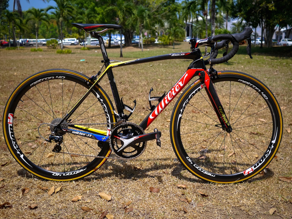 Pro Continental team Columbia are again on Wilier Zero 7 frames for 2015. Components have a slightly odd mix, with Ritchy Logic providing the seatpost and the FSA supplying the bars and stem. This is unusual as all three items are normally from the same brand. The saddle is from Italian manufacture Astvte. These hand made saddles are new to the peloton, and have some amazing looking carbon rails and shell models in their line-up. Oddly the team aren't using this version. Wheels and chainset are from FSA/Vision. With the wheels decked out in Vittoria tubulars. Shimano Dura Ace mechanical is used for shifting but the brake callipers are the FSA SLK’s.