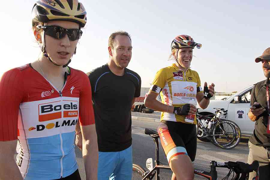 Danny Stam with riders Christine Majerus and Ellen van Dijk