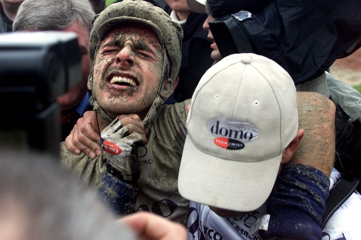 An exhausted Servais Knaven moments after winning the 2001 Paris-Roubaix.