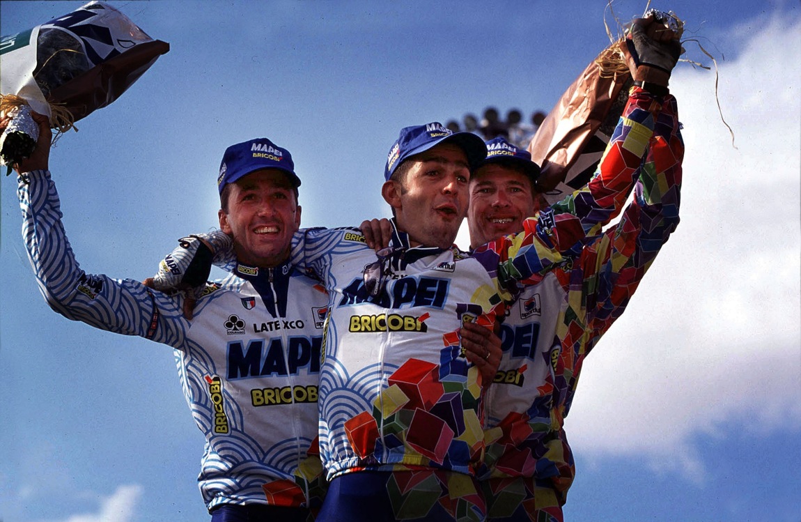 Mapei go one-two-three at the 1998 Paris-Roubaix with Andrea Tafi (left, second place) Franco Ballerini (center, winner) and Wilfried Peeters (right, third place).