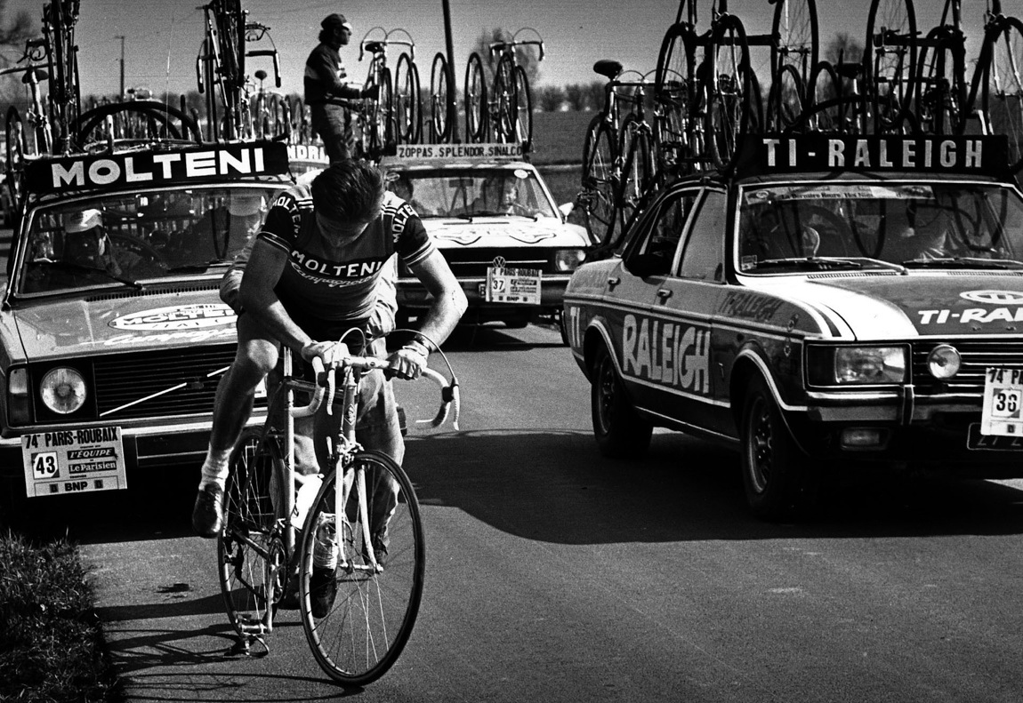 Eddy Merckx won Paris-Roubaix on three occasions, in 1968, 1970 and 1973. Here is Merckx after a flat tyre during the 74th edition of the race, in 1976.