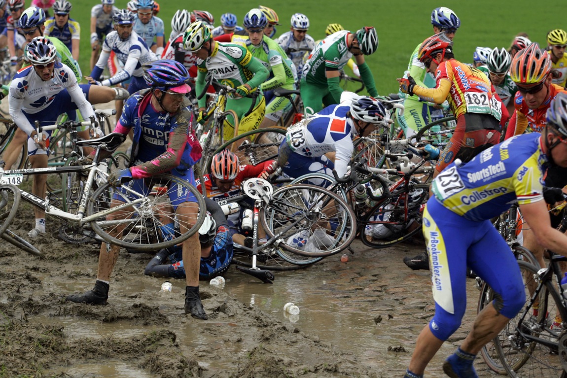 A crash sends a handful of riders into the mud during the 2005 Paris-Roubaix.