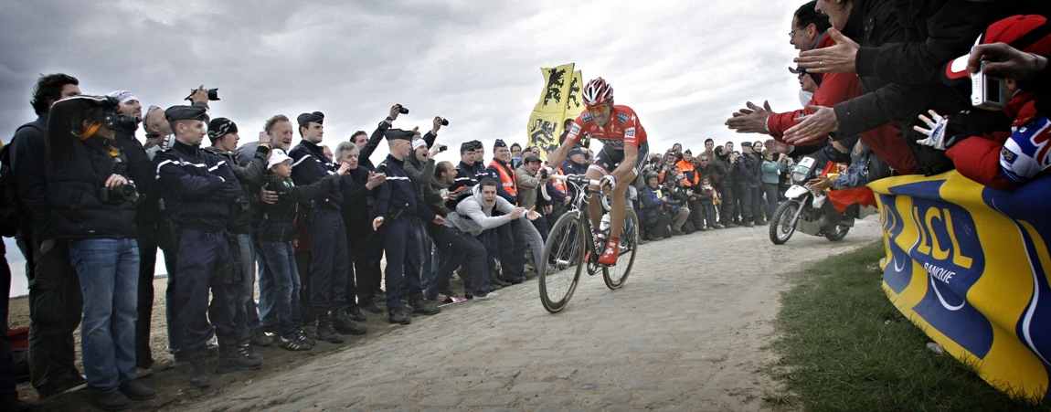 Fabian Cancellara grits his teeth on the Carrefour de l'Arbre on his way to winning a second Paris-Roubaix, this one in 2010.