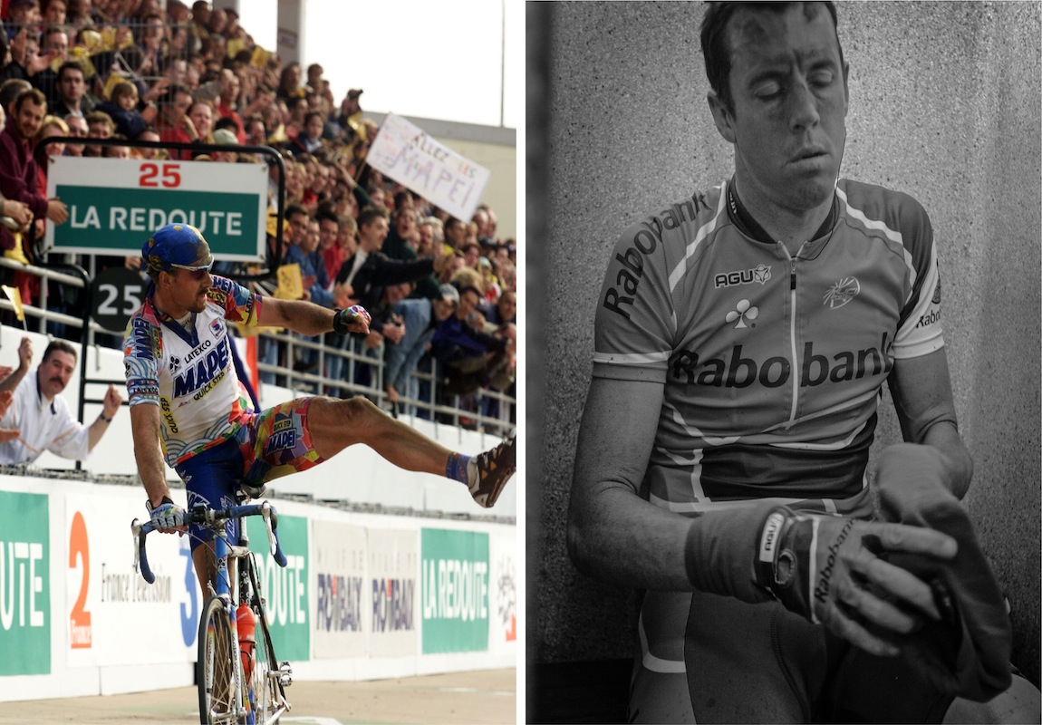 Left:	Johan Museeuw winning his second Paris Roubaix in 2000. He pointed to his knee as he crossed the finish line -- a knee he broke two years earlier in a crash that almost ended his career thanks to an infection. Right: Matt Hayman after the 2008 Paris Roubaix.