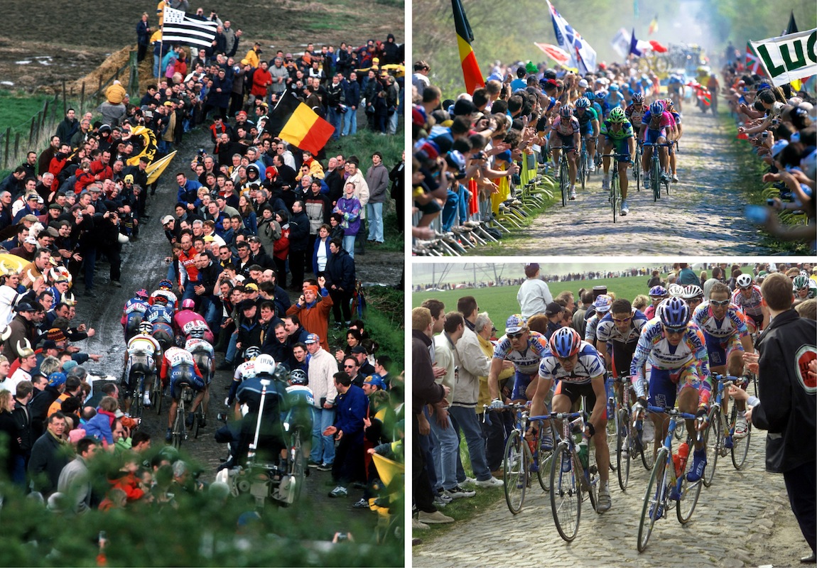 Left: Sector 9, Orchies. Top right: Arenberg Forest in 2007. Bottom right: Stephano Zanini, Max van Heeswijk and Andrea Tafi shut down the race for Johan Museeuw.