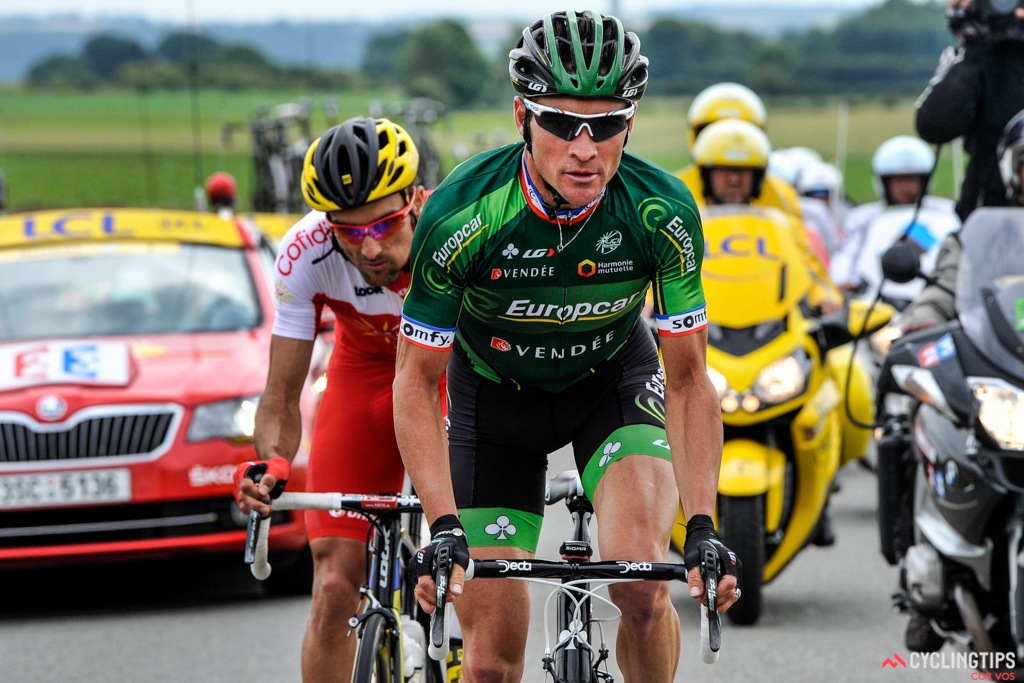 Europcar’s Thomas Voeckler was the first to attack on stage 4, the showman starting the stage at the front of the field and breaking clear soon after the flag was waved. He was joined by Luis Angel Mate (Cofidis) and the pair got to work building up a maximum of three and a half minutes on the bunch. Voeckler was the last man standing until 20km remaining before the inevitable happened and he got swallowed up by the peloton.