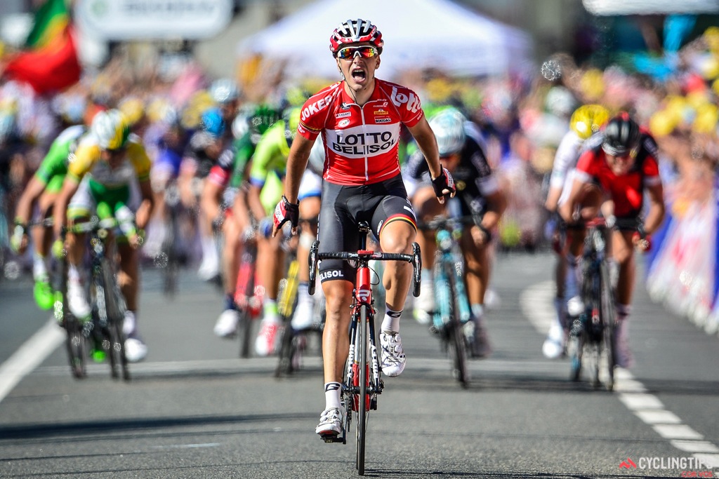 Gallopin raised his arms in triumph as he crossed the line, winning just metres ahead of a reduced peloton led home by John Degenkolb (Giant-Shimano) and stage 7 winner Matteo Trentin (Omega Pharma-QuickStep).