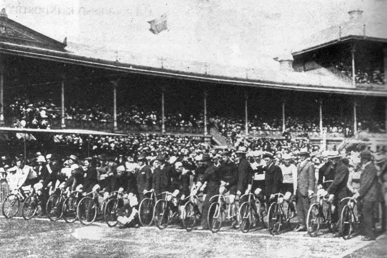 Start line of the 1896 Austral at the Melbourne Cricket Ground (Image via "Wheeling Matilda" by Jim Fitzpatrick)