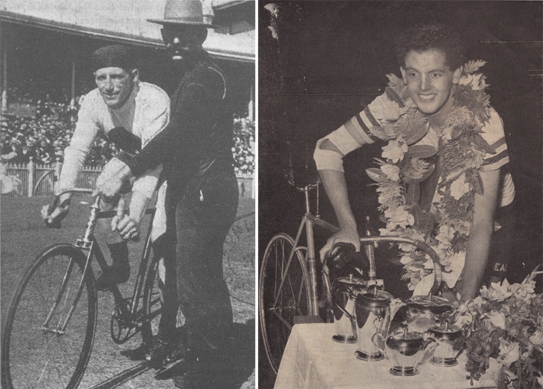 Left: ‘Plugger’ Bill Martin. Image via Melbourne Punch, December 19, 1901, republished in "Confessions of a Bicycle Nut" by Keith Dunstan in 1999. Right: The winning Austral smile from young Tasmanian Ron Murray, winner of the world’s richest track handicap race. Image via The Australian Cyclist, February 1955.