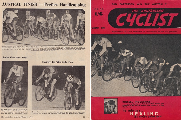 Left: Excerpt from The Australian Cycling magazine in February 1952. Right: The 1952 Austral finish showing Doug Jennings winning from Vin Nuttall (inside), next to him are Ray McKay, Bob Main and Sid Patterson, Whilst Roy O. Warren, not shown, finished along the duck boards (image via The Australian Cyclist, March 1953).