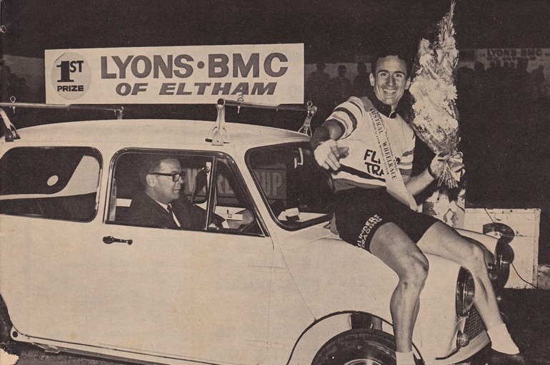 The 1969 Austral winner, Charlie Walsh, sits on his prize for a lap of honour (image via The Australian Cyclist, March 1969)