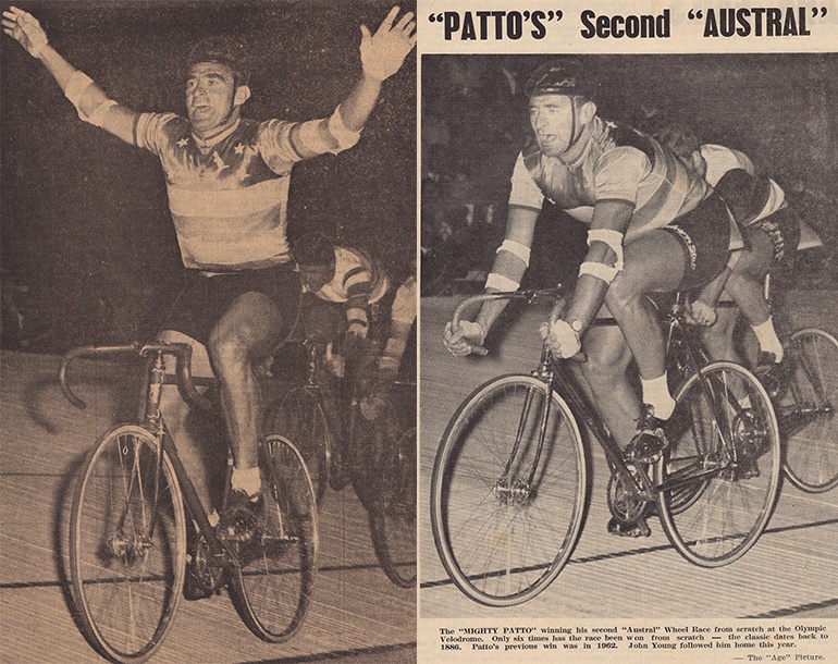 Left: Sid Patterson wins the 1962 Austral. Image via The Australian Cyclist, March 1962. Right: Patterson wins the race again, two years later. Image via The Australian Cycling, April 1964.