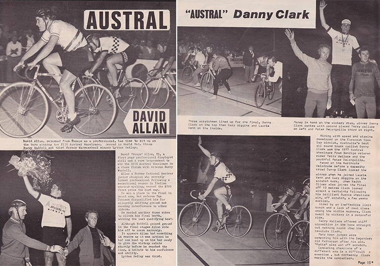 Left: reports from David Allan's 1976 Austral win (from The Challenge Magazine for Racing and Touring Cyclists). Right: reports from Danny Clark's win in 1977 (from the National Cycling Magazine, April-May 1977).