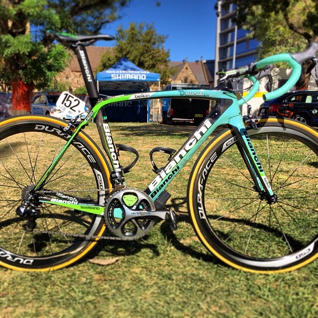 Belkin’s new Bianchi Oltre XR2 (similar to Vacansoleil’s bikes last year) features FSA bars and stem, integrated seatpost, Shimano external Di2 battery (the only one we saw), custom San Marco saddle colors, Pioneer powermeter (held on with zip ties and the most expensive powermeter on the market). - via CyclingTips Instagram feed