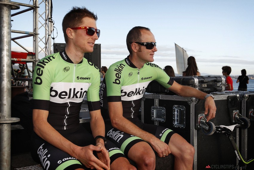 Fellow Aussies on team Belkin David Tanner and Graeme Brown at the 2013 Vuelta a Espana team presentation.