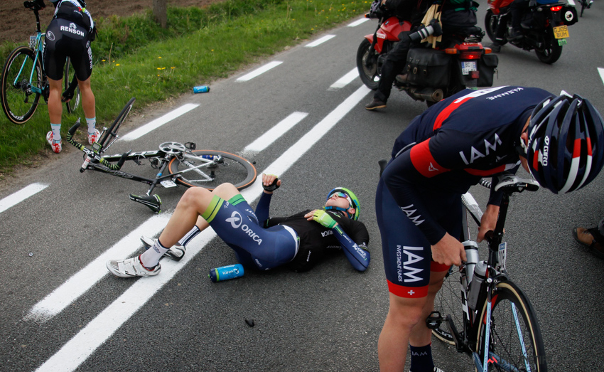 A concussed Luke Durbridge moments after his Tour of Flanders crash.