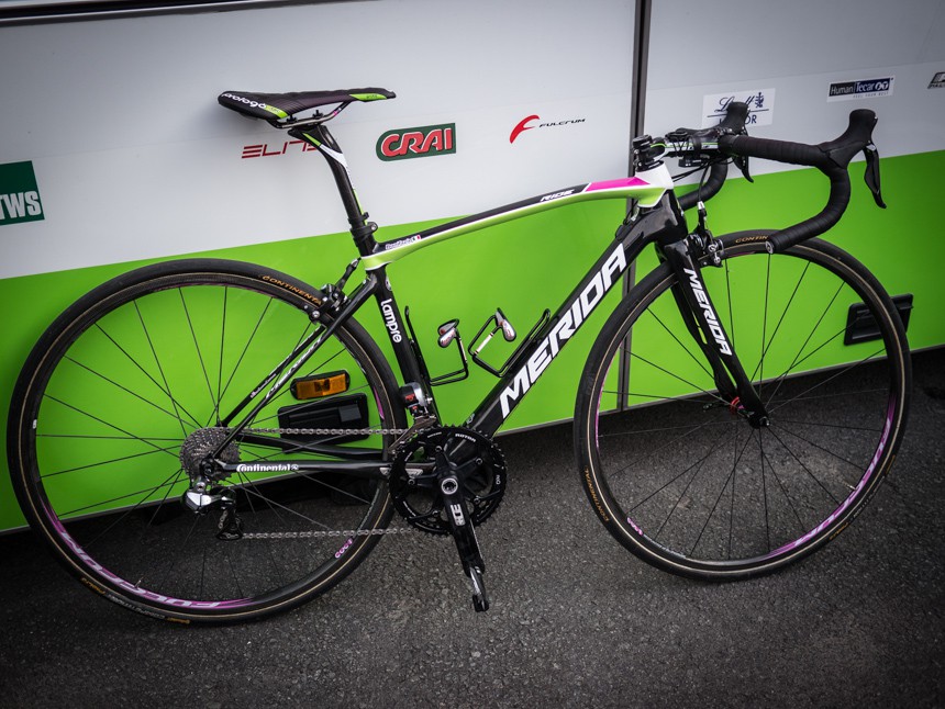  Lampre-Merida will be showcasing a new bike, the "Ride". A new model from team sponsor Merida. Last year the bike was used as a prototype on the cobbles, this year its the finished product. A huge head tube is one of the more striking points of the bike, that and the lime green and garish pink. Nothing else massively different here from what other teams are using though the Fulcrum carbon wheels that the mechanics had lined up and looked to have had seen a fair amount of race abuse already.