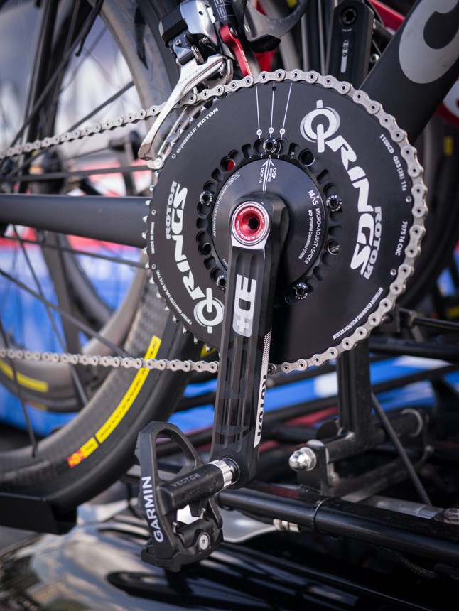 Rotor  Q Rings on the Cervelo spare bikes. Notice the Garmin Vector pedals without the pods. New design? Or are they simply not using the power functionality?