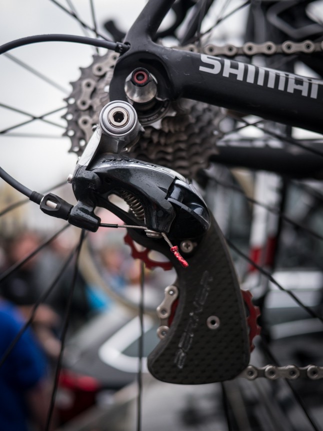 Cancellara's Trek Domane derailleur. The thing to note is the larger jockey wheels which increase the radius of the chain's bend, thus reducing drivetrain friction.