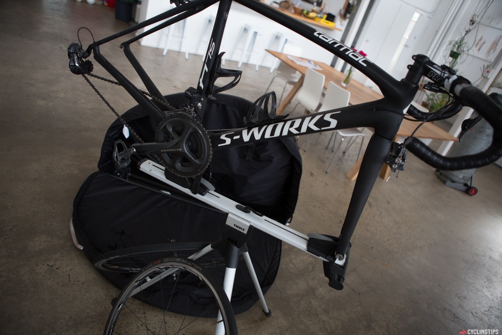 The workstand takes only a few moments to remove from the bag and set up. An ingenious idea by Thule.