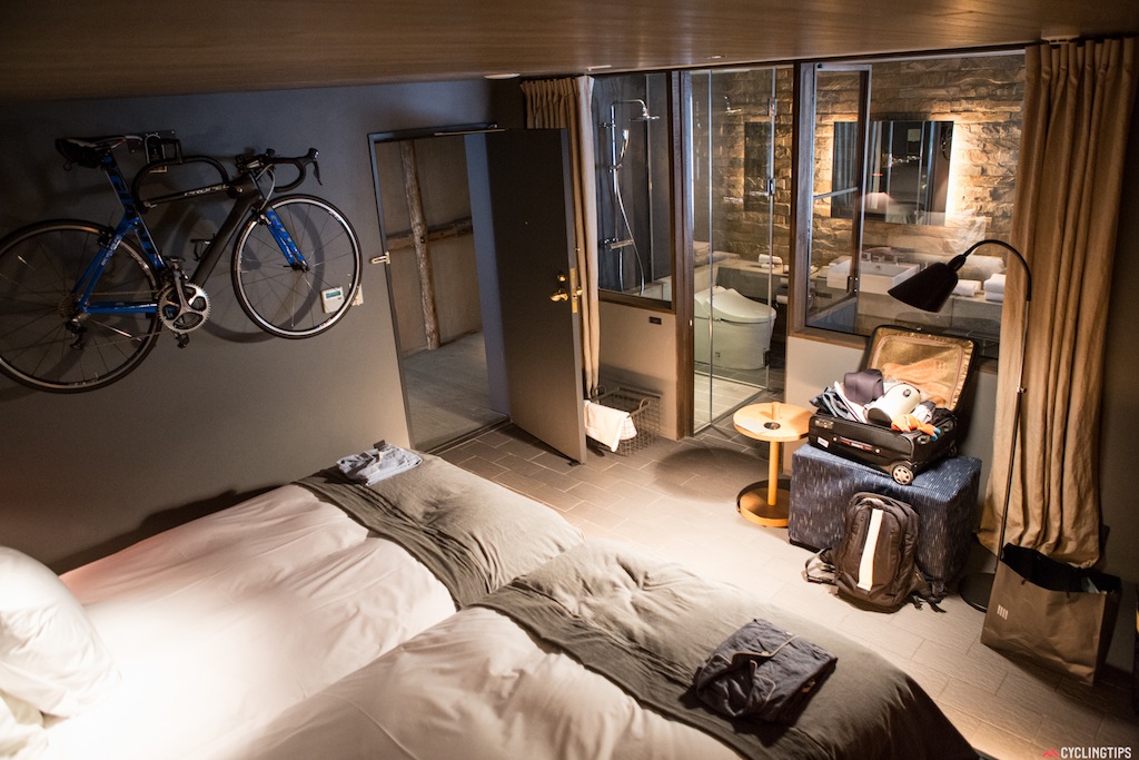 The inside of the room at the U2 Onomichi Cycle Hotel. 