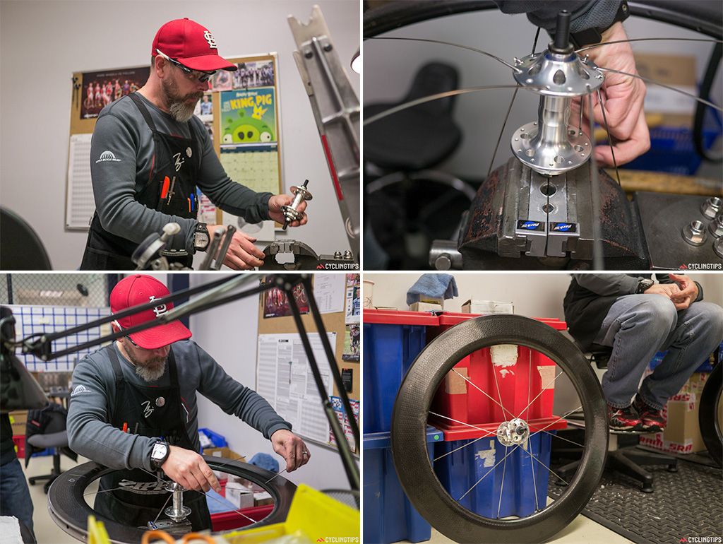 Nik James, Zipp’s head wheelbuilder at work.